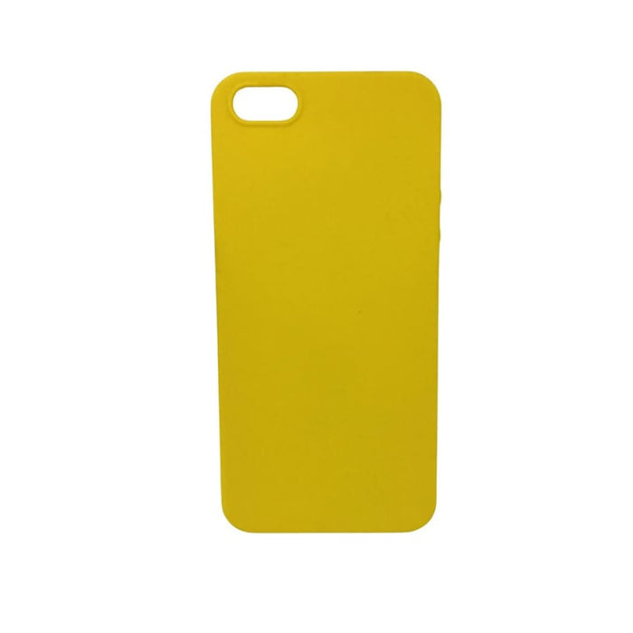 Yellow silicone phone case for iPhone 5/5s/SE by 9eight5, showing a snug fit and smooth texture on the device.