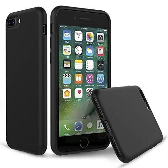 Black silicone case for iPhone 7 Plus and 8 Plus by 9eight5, showing the textured, snug-fitting protective cover on the device.
