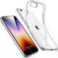 Clear silicone case for iPhone SE (2nd and 3rd Gen) by 9eight5, showing a slim, transparent protective cover on the phone.