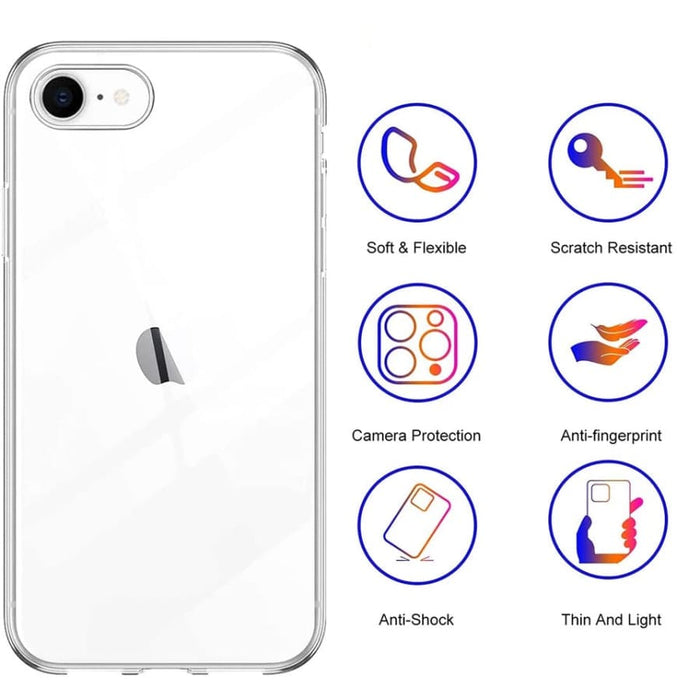 Clear silicone case for iPhone SE (2nd and 3rd Gen) by 9eight5, showing a slim, transparent protective cover on the phone.