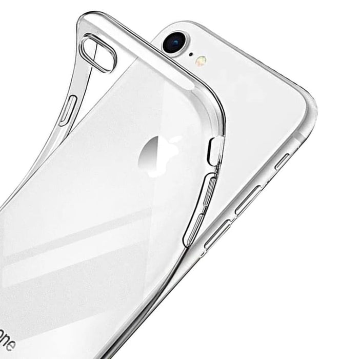 Clear silicone case for iPhone SE (2nd and 3rd generation) by 9eight5, showing the slim, transparent protective cover on the phone.