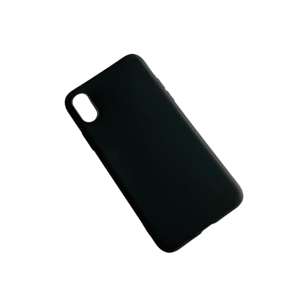 Black silicone phone case for iPhone X / XS by 9eight5, showing a snug fit and smooth texture.