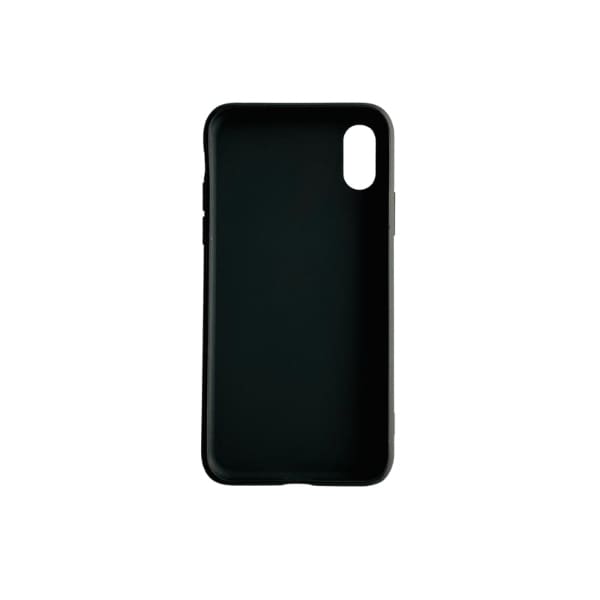 Black silicone phone case for iPhone X/XS by 9eight5, showing a sleek protective cover on the device.