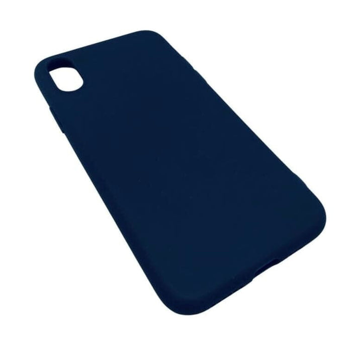 Navy blue silicone case for iPhone X / XS by 9eight5, featuring a smooth, flexible protective cover with precise cutouts.