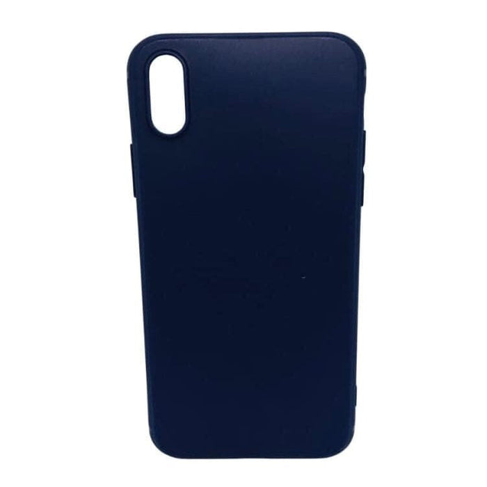 Navy blue silicone case for iPhone X/XS by 9eight5, showing smooth texture and precise cutouts for buttons and camera.