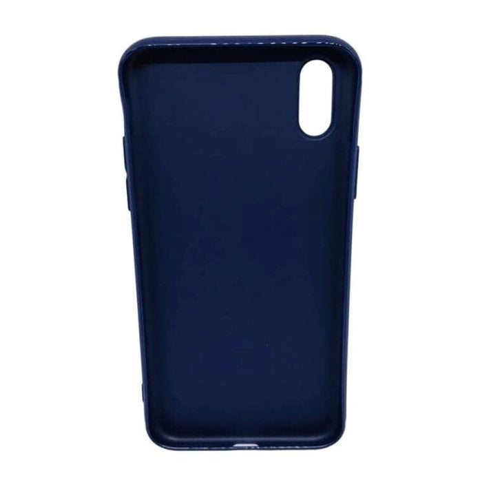Navy blue silicone phone case for iPhone X/XS by 9eight5, showing a close-up of the textured protective cover.