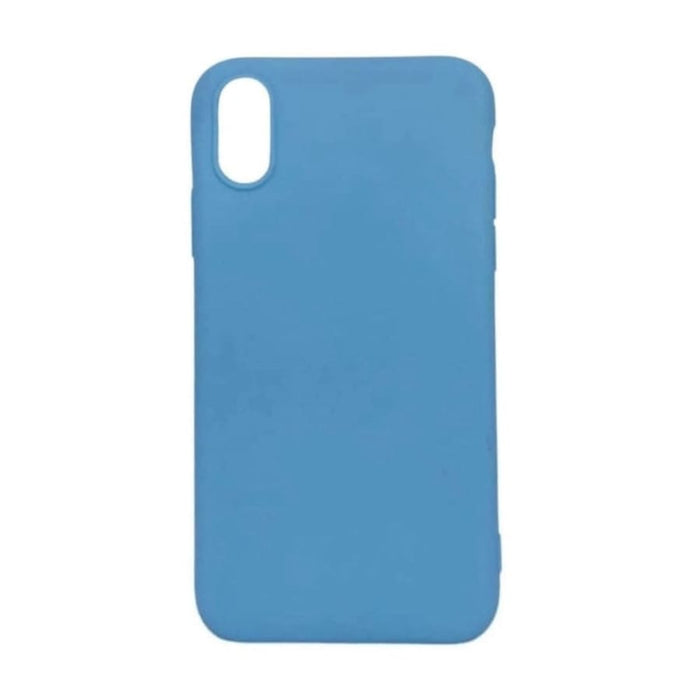 Sky blue silicone case for iPhone X and XS by 9eight5, showing the soft, flexible protective phone cover with precise cutouts.