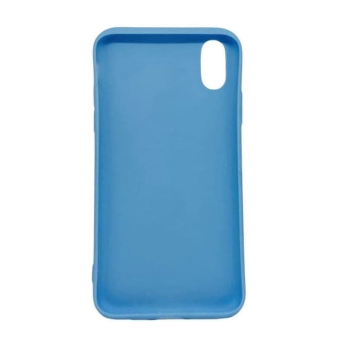 Sky blue silicone case for iPhone X and XS from 9eight5, showing a snug fit and smooth texture.