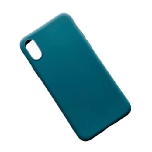 Turquoise silicone phone case for iPhone X/XS by 9eight5, showing a snug fit and smooth texture on a white background.