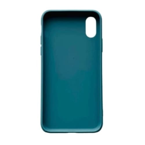 Turquoise silicone case for iPhone X/XS by 9eight5, showing a close-up of the soft, flexible material fitting the phone's edges.