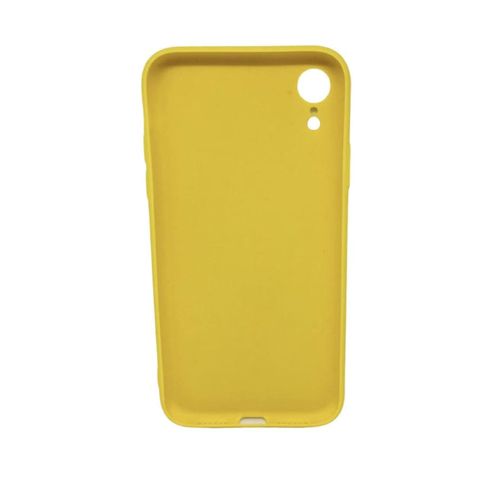 Yellow silicone phone case for iPhone XR by 9eight5, showing the slim, flexible protective cover fitted on the device.