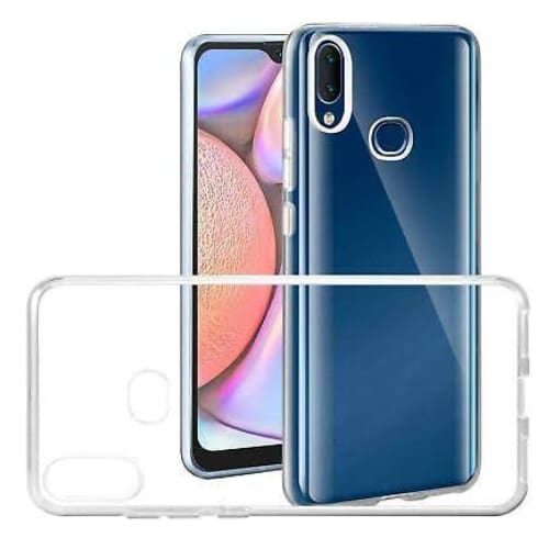 Clear silicone phone case for Samsung Galaxy A10s by 9eight5, showing the slim, transparent design protecting the device.