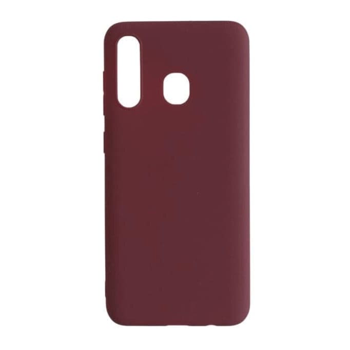 Maroon silicone phone case for Samsung Galaxy A20/A30 by 9eight5, showing a close-up of the textured material and precise cutouts.