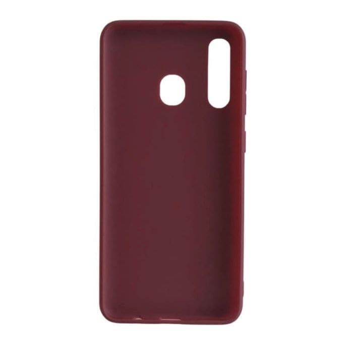 Maroon silicone phone case for Samsung Galaxy A20 and A30 by 9eight5, showing the textured back and precise cutouts.