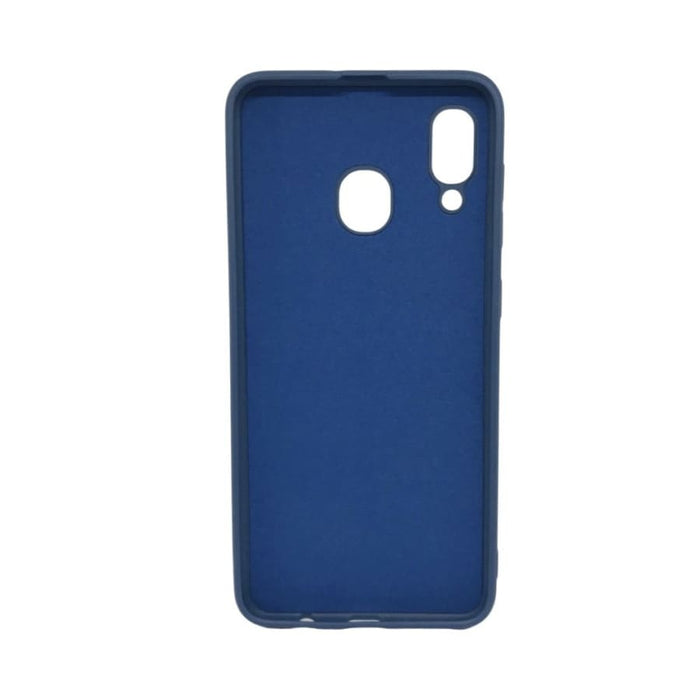 Blue silicone phone case for Samsung Galaxy A20/A30 by 9eight5, showing a snug fit and smooth texture.