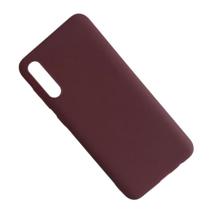 Maroon silicone phone case for Samsung Galaxy A50 and A50S by 9eight5, showing smooth, flexible material and snug fit.