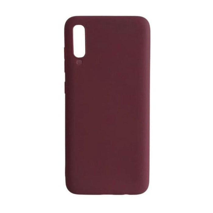 Maroon silicone phone case for Samsung Galaxy A70 by 9eight5, showing smooth texture and precise cutouts.