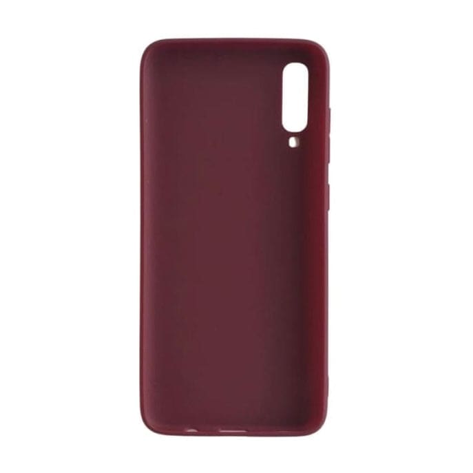 Maroon silicone phone case for Samsung Galaxy A70 by 9eight5, showing textured surface and precise cutouts for ports and buttons.