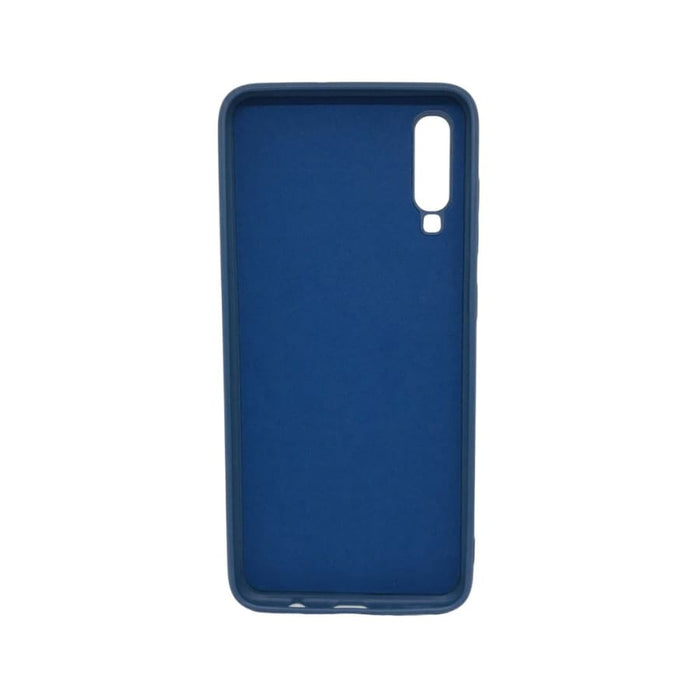 Blue silicone phone case for Samsung Galaxy A70 by 9eight5, showing the textured back and precise cutouts.