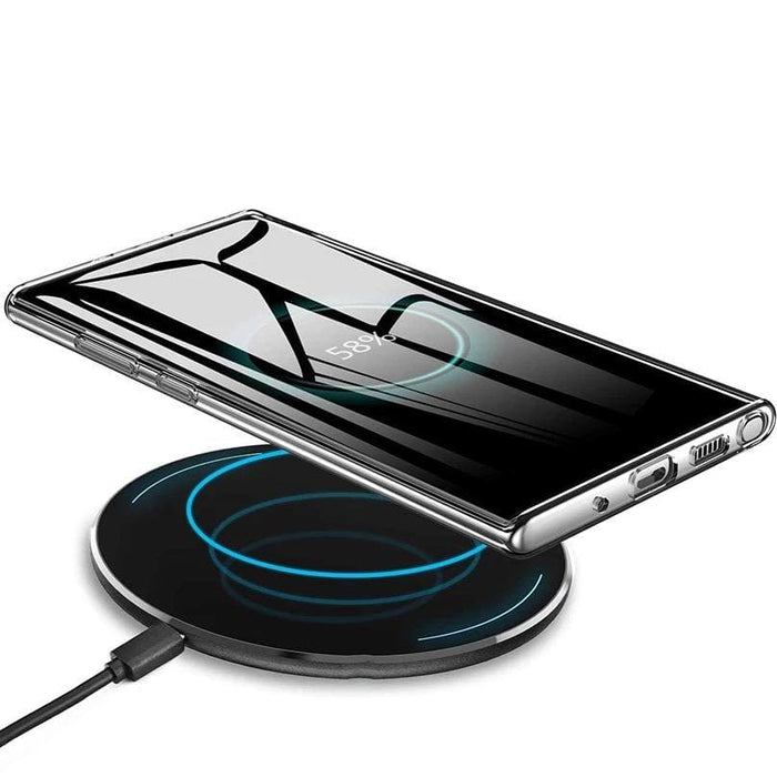 Clear silicone case for Samsung Galaxy Note 10 by 9eight5, showing a snug fit and transparent design to protect the phone.