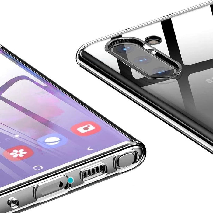 Clear silicone case for Samsung Galaxy Note 10 by 9eight5, showing the slim, transparent design protecting the phone.