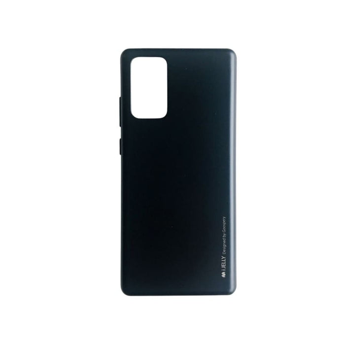 Black silicone case for Samsung Galaxy Note 20 by 9eight5, showing a snug fit on the mobile phone with a smooth surface.