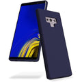 Navy blue silicone phone case for Samsung Galaxy Note 9 by 9eight5, showing a close-up of the textured material and precise cutouts.