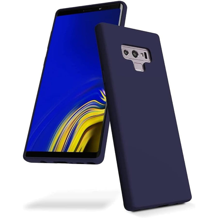 Navy blue silicone phone case for Samsung Galaxy Note 9 by 9eight5, showing a close-up of the textured material and precise cutouts.