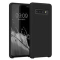 Black silicone phone case for Samsung Galaxy S10 by 9eight5, showing the sleek, flexible design fitting the device securely.