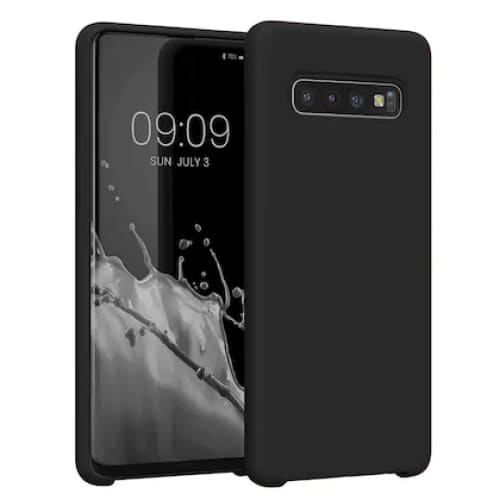 Black silicone phone case for Samsung Galaxy S10 by 9eight5, showing the sleek, flexible design fitting the device securely.