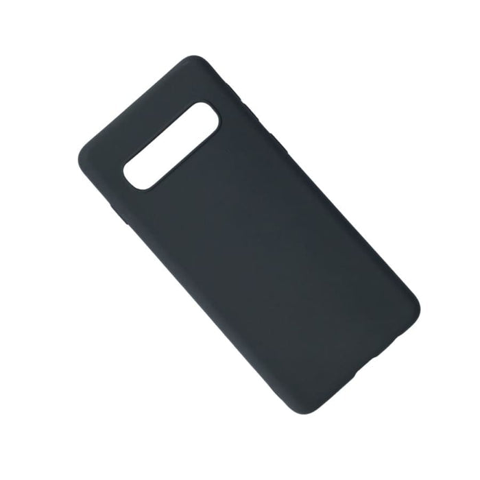 Black silicone phone case for Samsung Galaxy S10 by 9eight5, showing a close-up of the textured material and precise cutouts.
