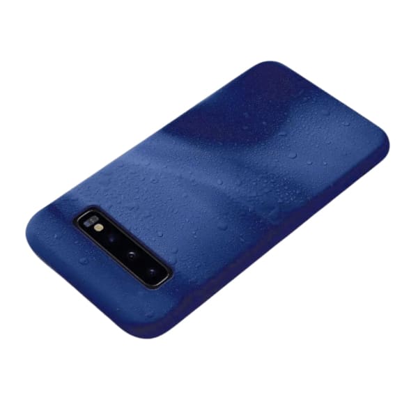 Navy blue silicone case for Samsung Galaxy S10 by 9eight5, showing the soft flexible material and snug fit around the phone.