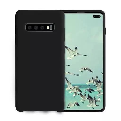 Black silicone phone case for Samsung Galaxy S10 Plus by 9eight5, showing a snug fit and smooth texture.