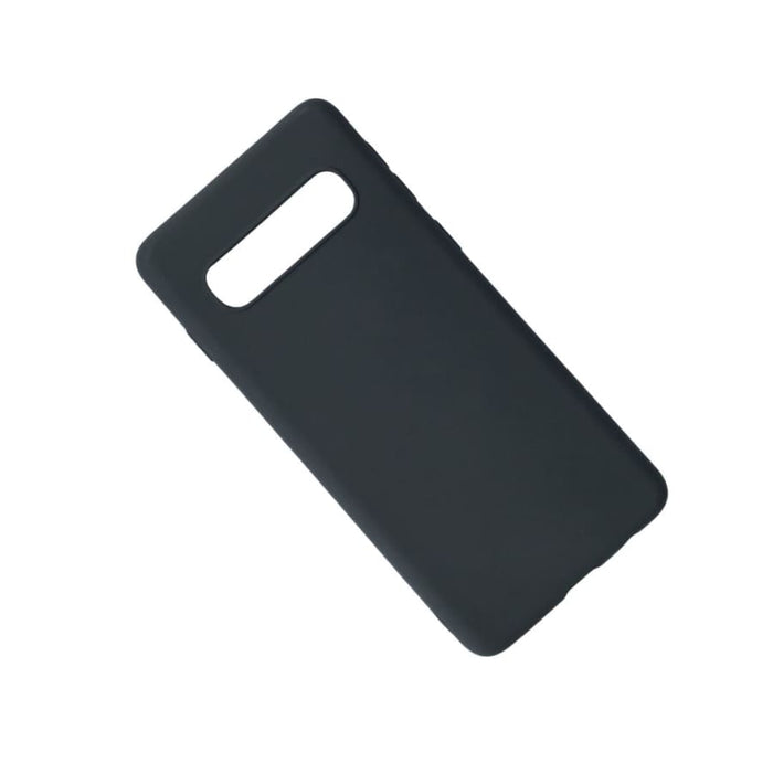 Black silicone phone case for Samsung Galaxy S10 Plus by 9eight5, showing a close-up of the textured surface and precise cutouts.