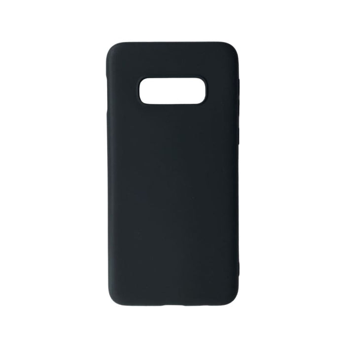 Black silicone case for Samsung Galaxy S10e by 9eight5, showing a close-up of the textured soft-touch phone cover.