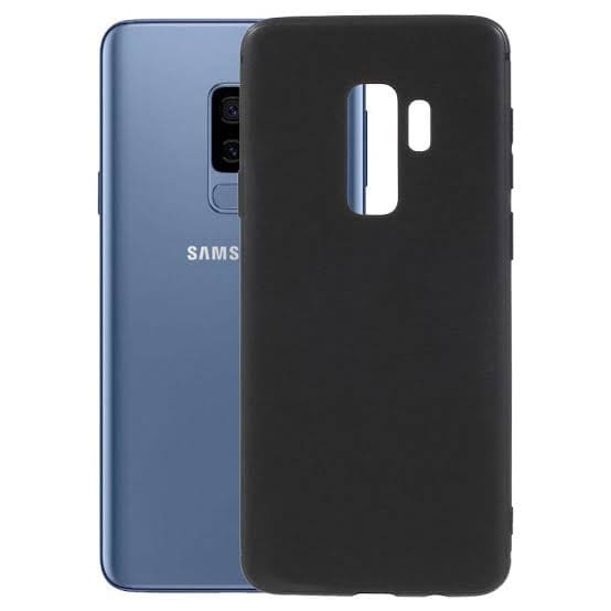 Black silicone case for Samsung Galaxy S9 Plus by 9eight5, showing a snug fit and smooth texture on the phone.