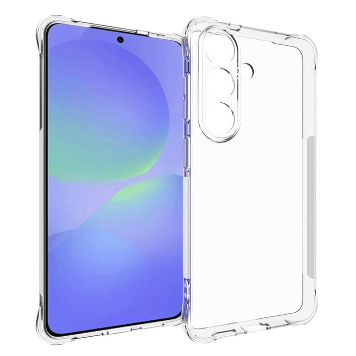 Clear silicone screen protector for Samsung S26 by 9eight5, shown fitted on the phone with a smooth, transparent design.
