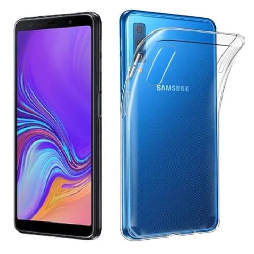 Clear silicone phone case for Samsung Galaxy A7 by 9eight5, showing the transparent, flexible protective cover on the device.
