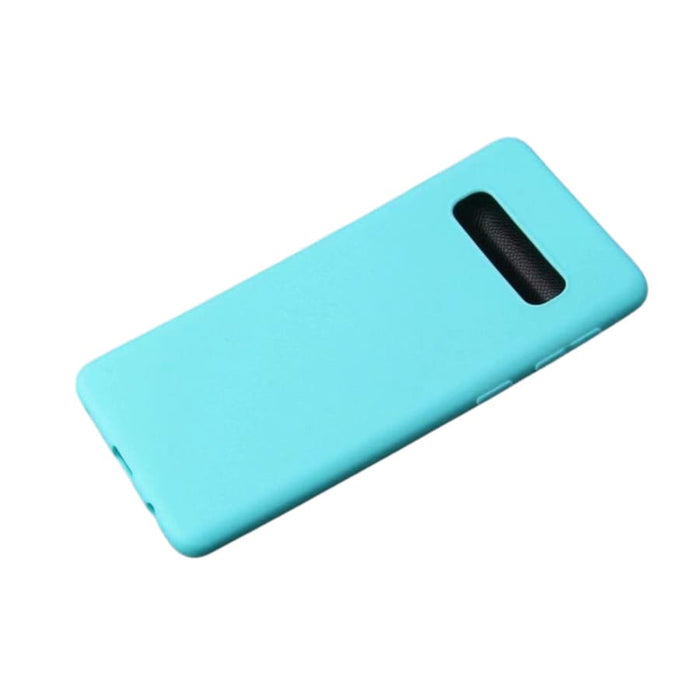 Sky blue silicone phone case for Samsung Galaxy S10e by 9eight5, showing a smooth, flexible cover with precise cutouts.