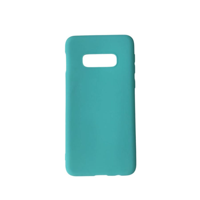 Sky blue silicone cover for Samsung Galaxy S10e by 9eight5, showing a soft, flexible phone case with precise cutouts and smooth texture.