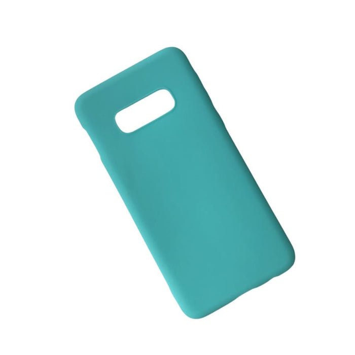 Sky blue silicone phone case for Samsung Galaxy S10e by 9eight5, showing a smooth, flexible cover with precise cutouts.