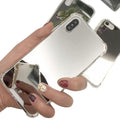 Silver mirror silicone cover for Samsung Galaxy S20 Plus, 9eight5 phone case showing a reflective, smooth surface and precise fit.