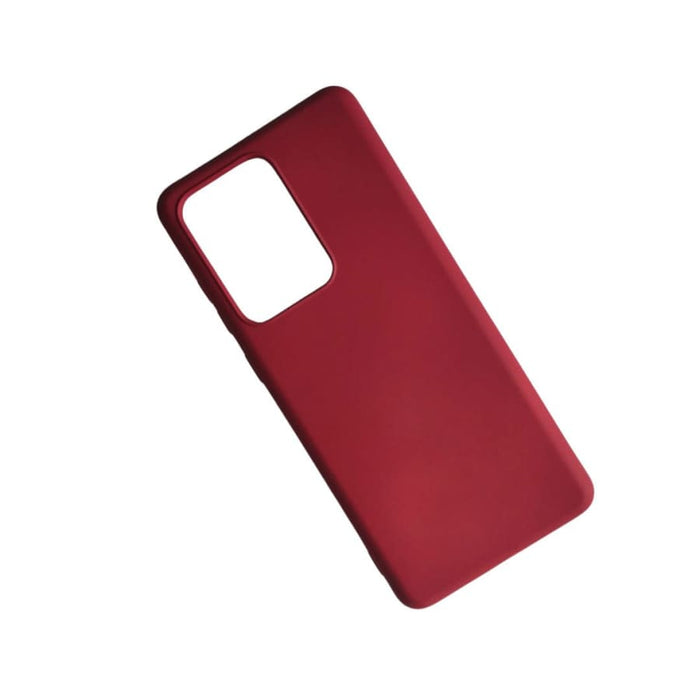 Red silicone cover for Samsung Galaxy S20 Ultra, 9eight5 phone case showing textured soft silicone material and precise cutouts.
