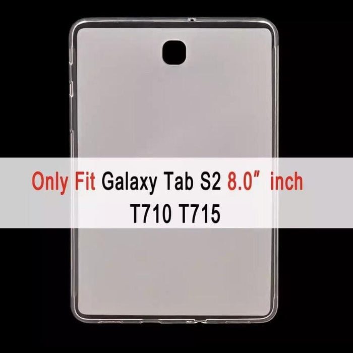 Clear silicone cover for Samsung Galaxy Tab S2 8.0-inch T710/T715/T719 by 9eight5, showing snug fit and flexible material.