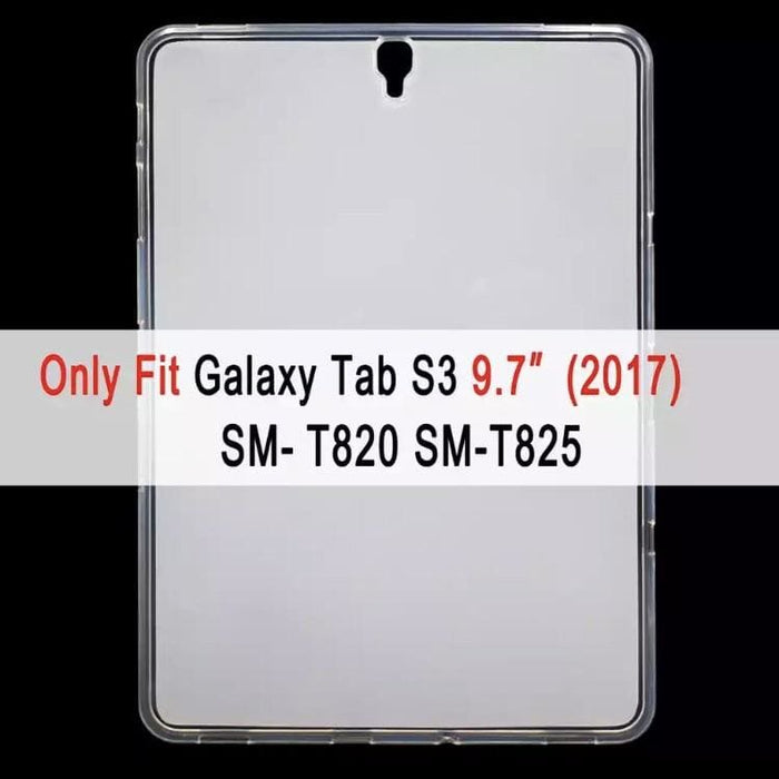 Clear silicone cover for Samsung Galaxy Tab S3 9.7 inch T820/T825 by 9eight5, showing snug fit and flexible material.