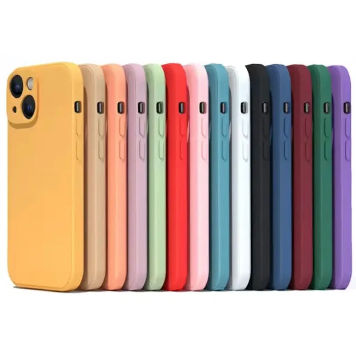 Habicare 9eight5 silicone iPhone case for iPhone 6 to 15, in yellow, brown, and dark green, showcasing flexible protective cover.