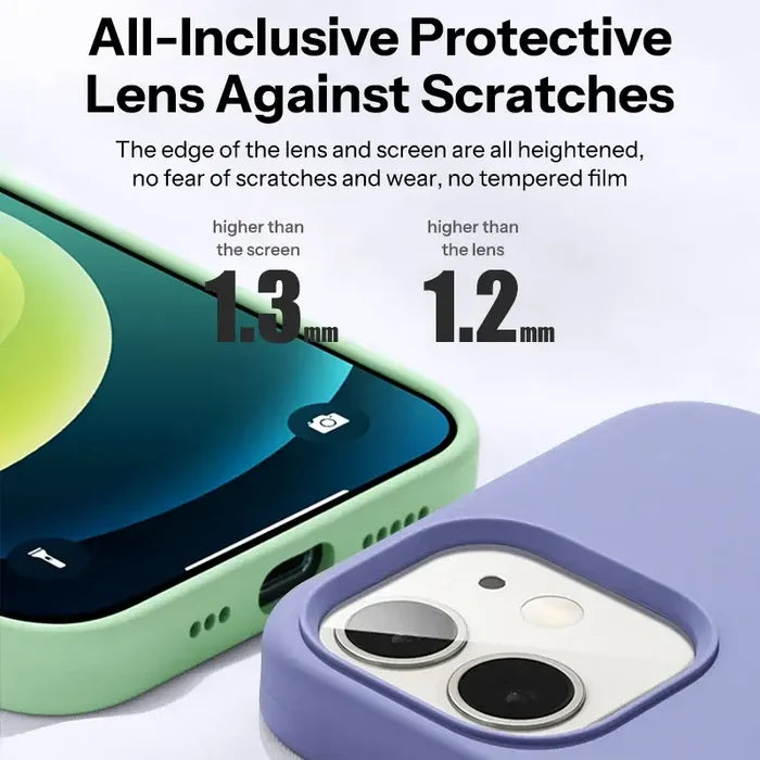 Habicare 9eight5 silicone iPhone case in yellow, brown, and dark green with soft liquid silicone for iPhone 6 to 15 series protection.