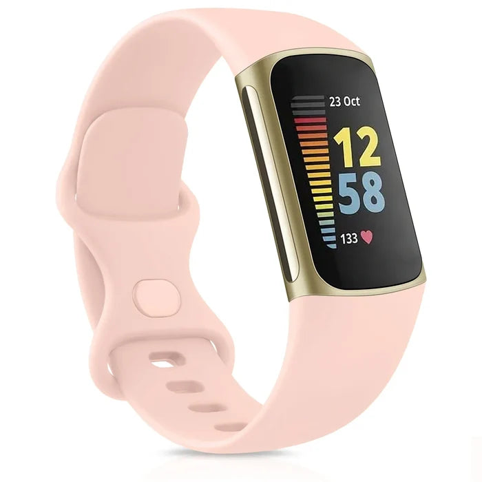 Habicare silicone sport strap for Fitbit Charge 5, TWS style, shown in a vibrant color with a secure buckle for active wear.