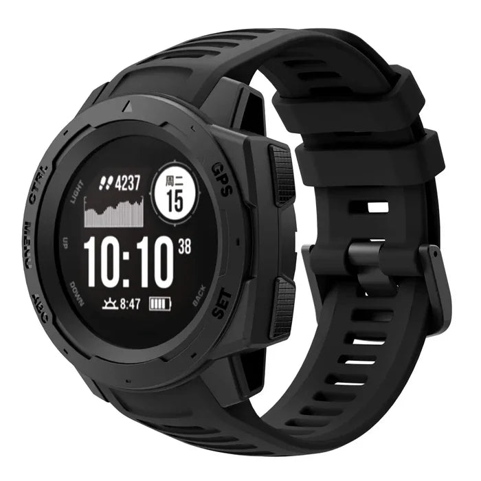Habicare silicone sport strap for Garmin Instinct Series, 22mm TWS band available in seven colors, shown in black with textured design.