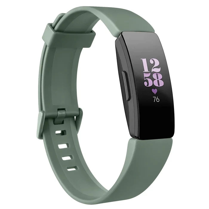 Habicare silicone strap for Fitbit Inspire, TWS style, available in 21 vibrant colors, shown in black on a fitness tracker.